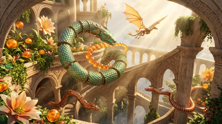 A Little Big Snake ihlette teraszos aréna, ahol egy csillogó türkiz-arany pikkelyes kígyó nektárgömböket gyűjt, felette pedig egy szárnyas juja lény siklik a légáramlaton.