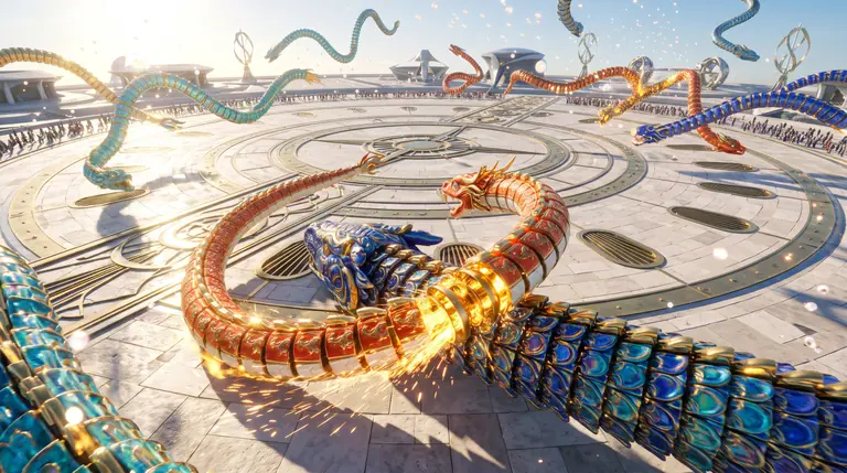 A Slither.io ihlette hatalmas körpláza, ahol egy fürge vörös-elefántcsont szalagkígyó arany gyorsítással vág be egy óriási kobaltkék kígyó elé a fénylő gyöngyök között.